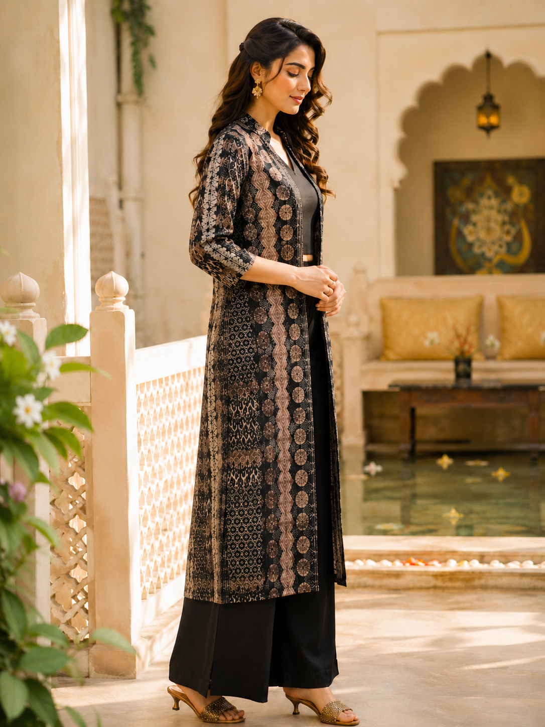 Black Printed 3-Piece Chanderi Silk Co-Ord Set for Women