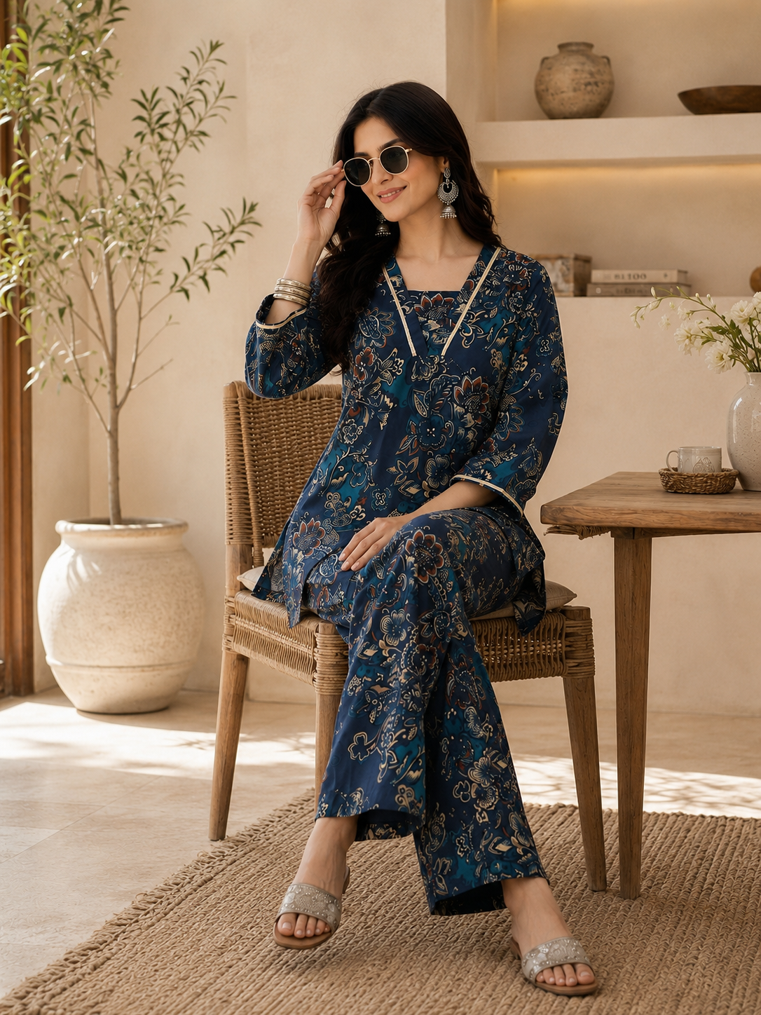 Teal Blue Abstract Printed Silk Co-Ord Set for Women