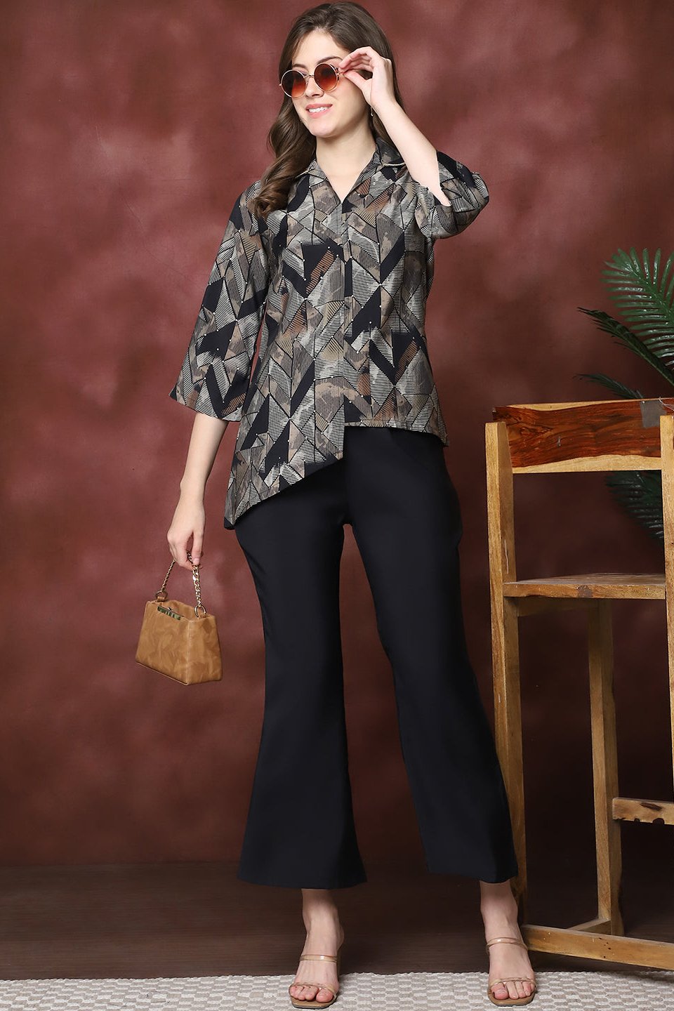 Close-up of Abstract Print on Black Chanderi Silk Co-Ord Set