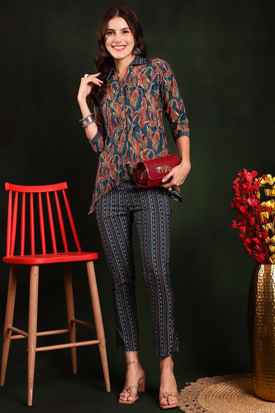 Green Floral Printed Chanderi Silk Tunic with Trousers Co-Ord Set for Women | Claura