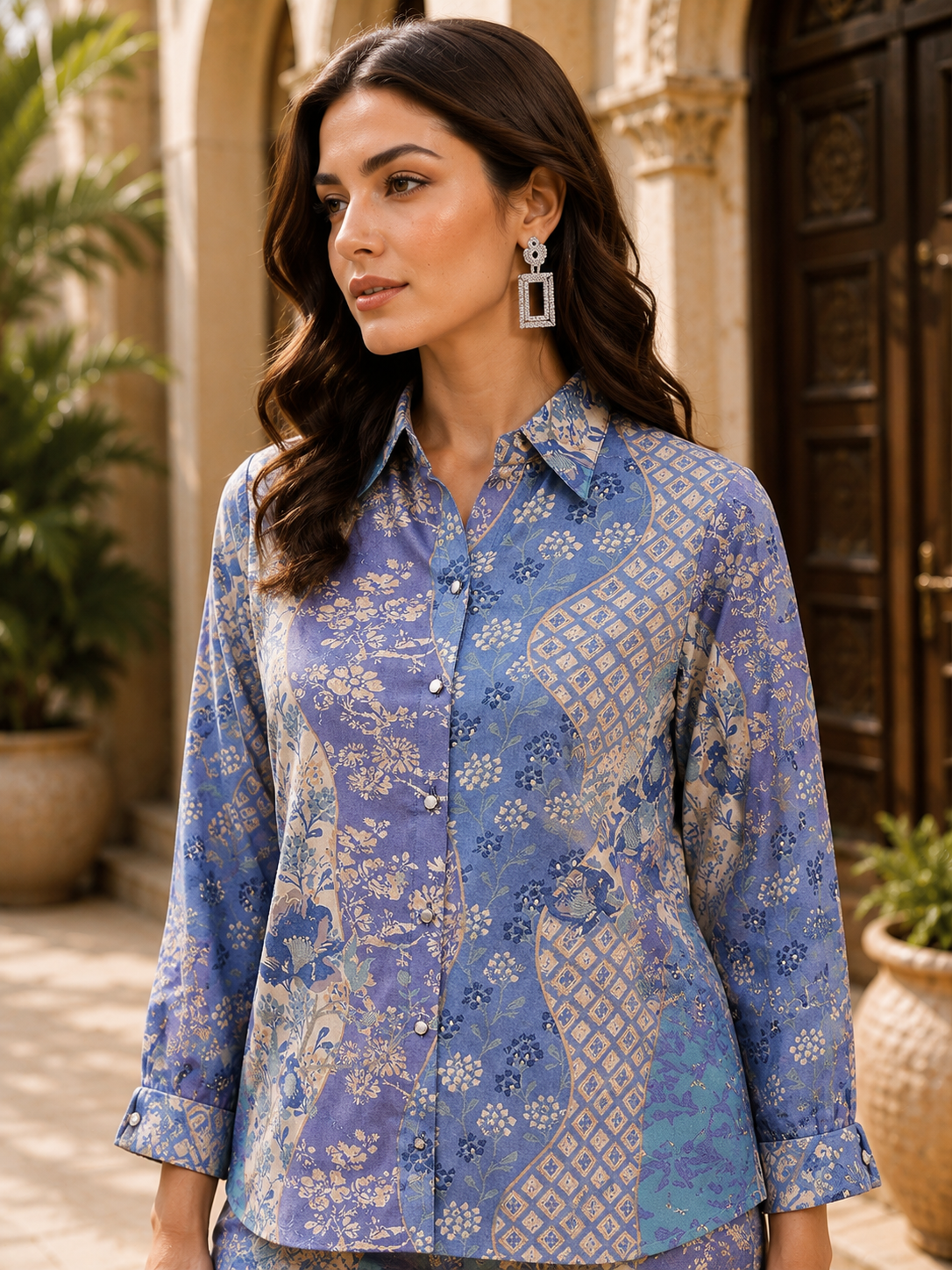 Blue Floral Full Sleeves Cotton Casual Co-Ords for Women
