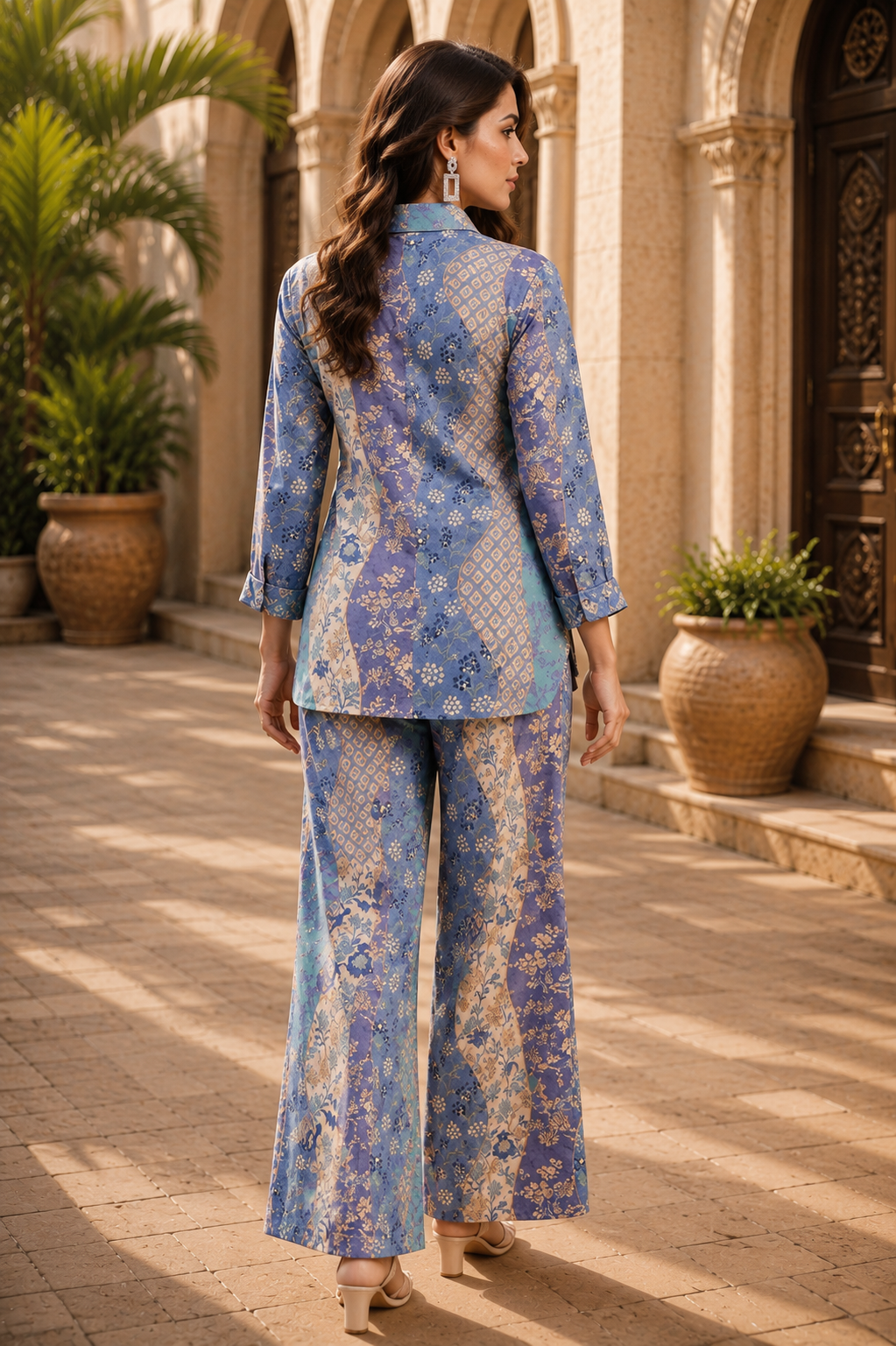 Blue Floral Full Sleeves Cotton Casual Co-Ords for Women
