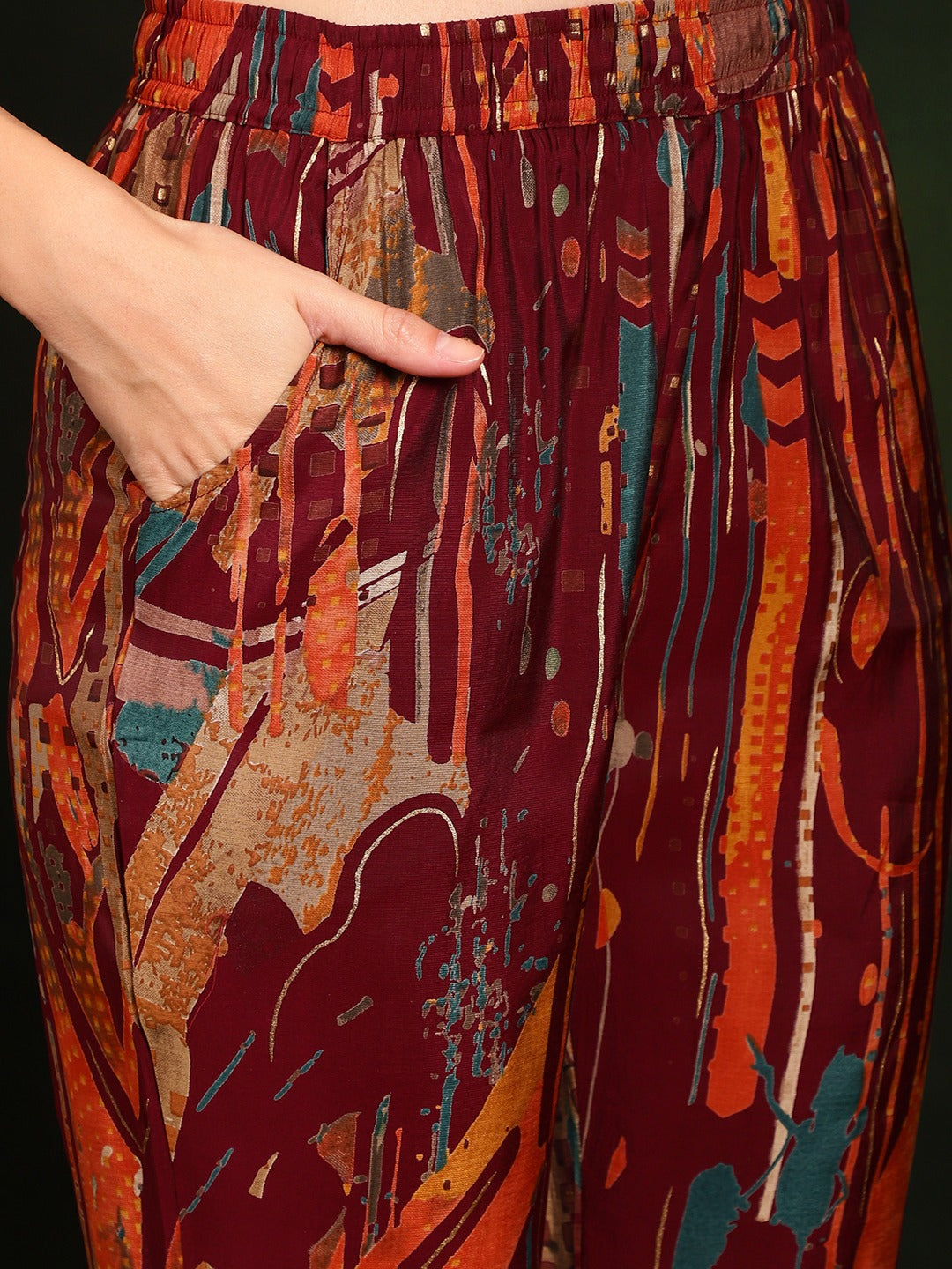 Close-up of Chanderi Silk fabric on Abstract Printed Co-Ord Set