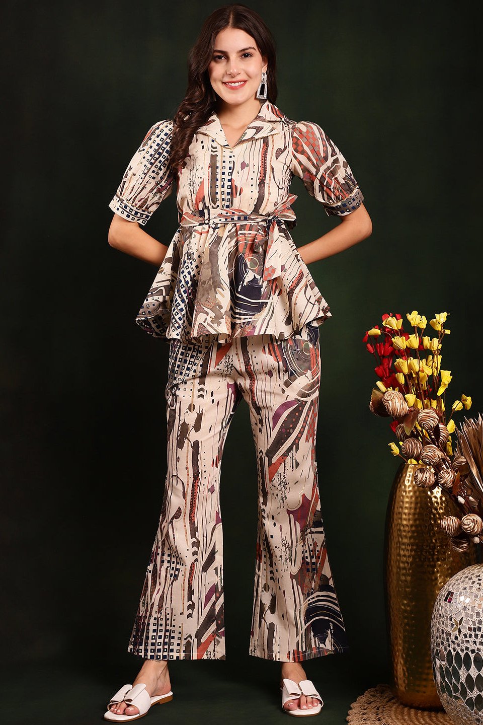Cream & Brown Printed Cotton Co-Ord Set for Women | Claura