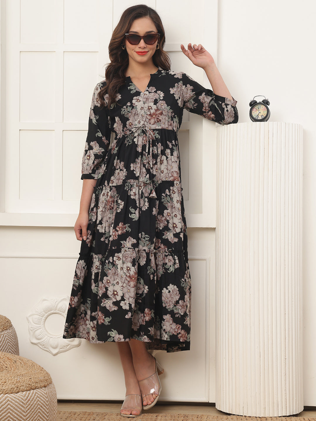 Black Chanderi Dress with sleeveless design and floral print