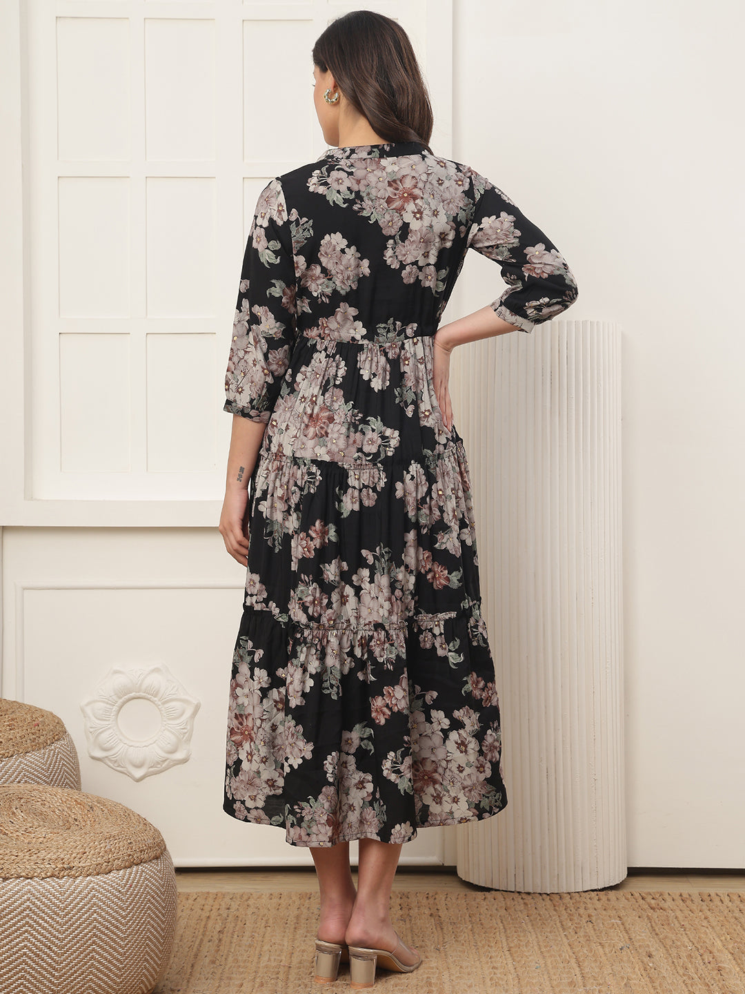 Back view of model in Black Printed Dresses