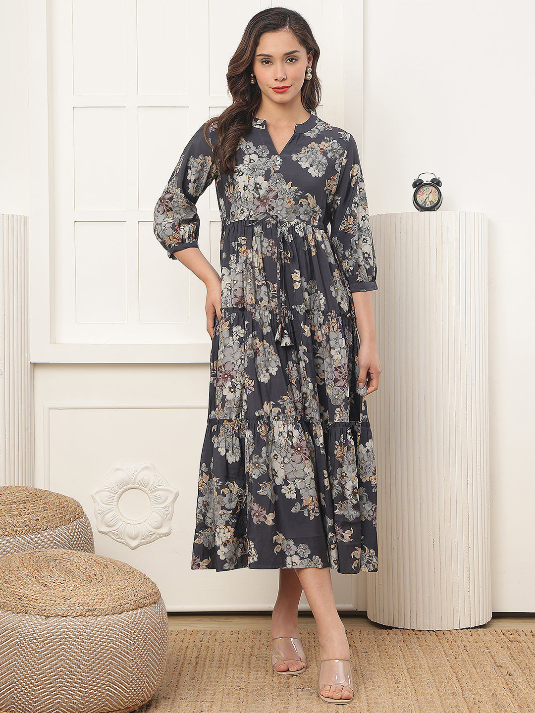 Grey Floral Printed Chanderi Silk Dress for Women | Claura