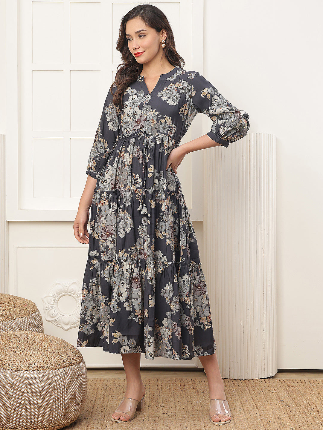 Grey Floral Printed Chanderi Silk Dress for Women | Claura