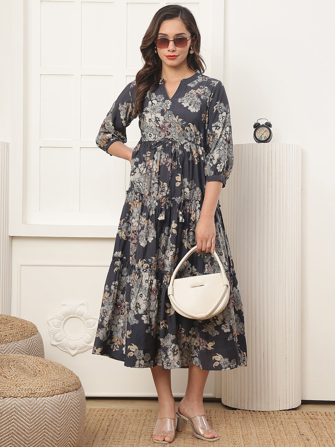 Grey Floral Printed Chanderi Silk Dress for Women | Claura