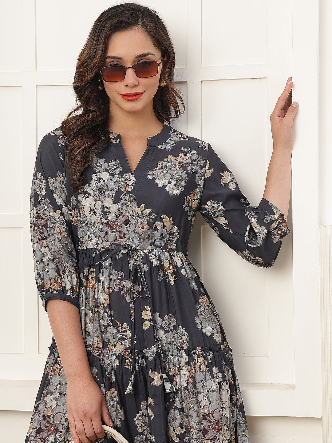 Grey Floral Printed Chanderi Silk Dress for Women | Claura