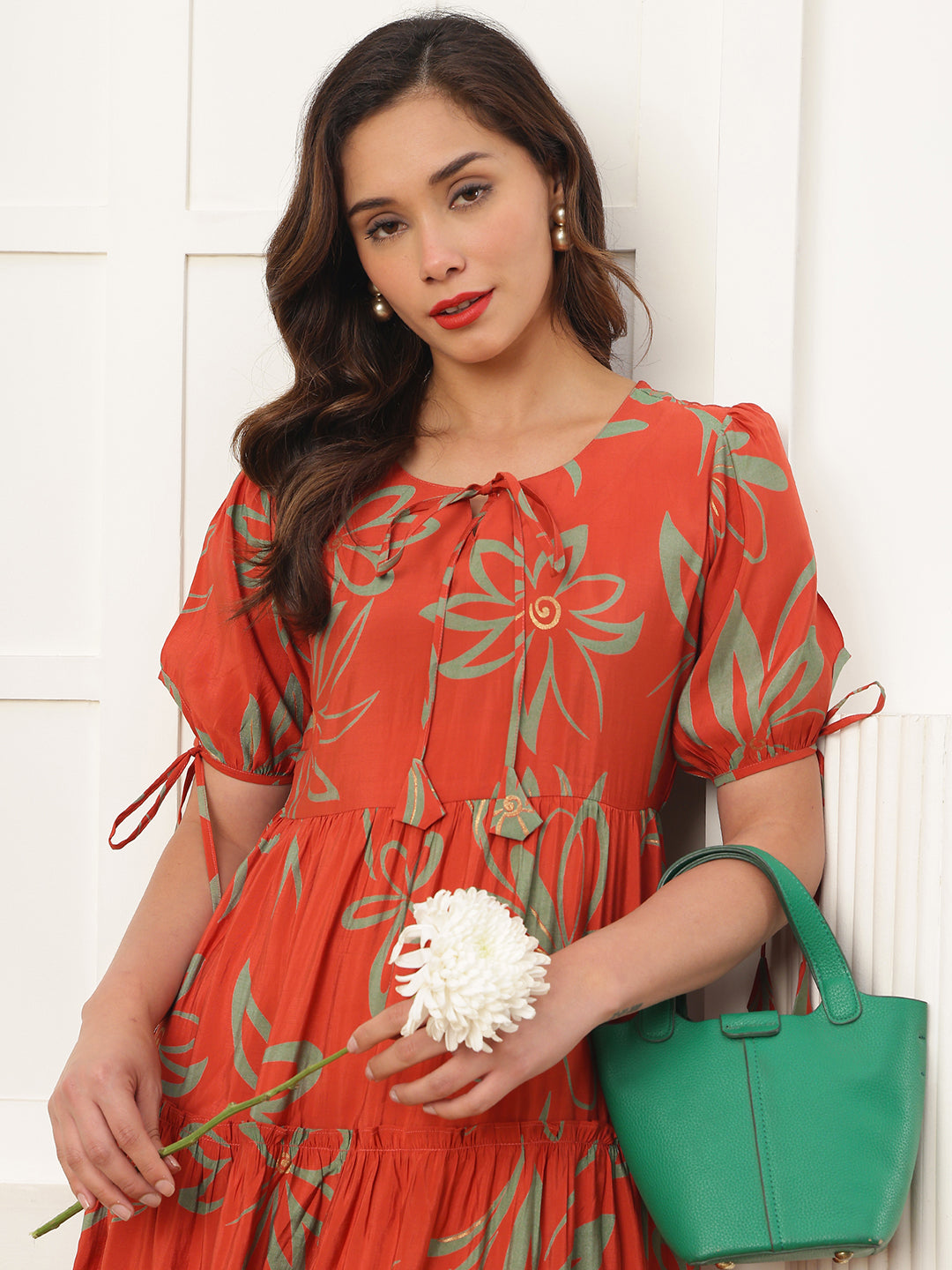 Orange Floral Printed Premium Chanderi Dress for Women | Claura