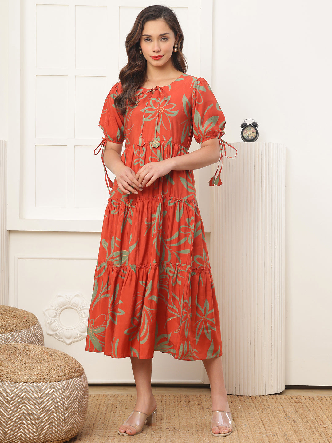 Orange Floral Printed Premium Chanderi Dress for Women | Claura