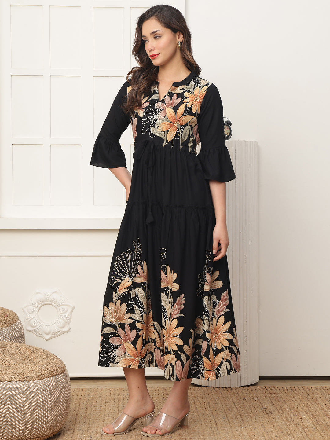 Black Viscose Rayon Floral Printed Dress for Women | Claura