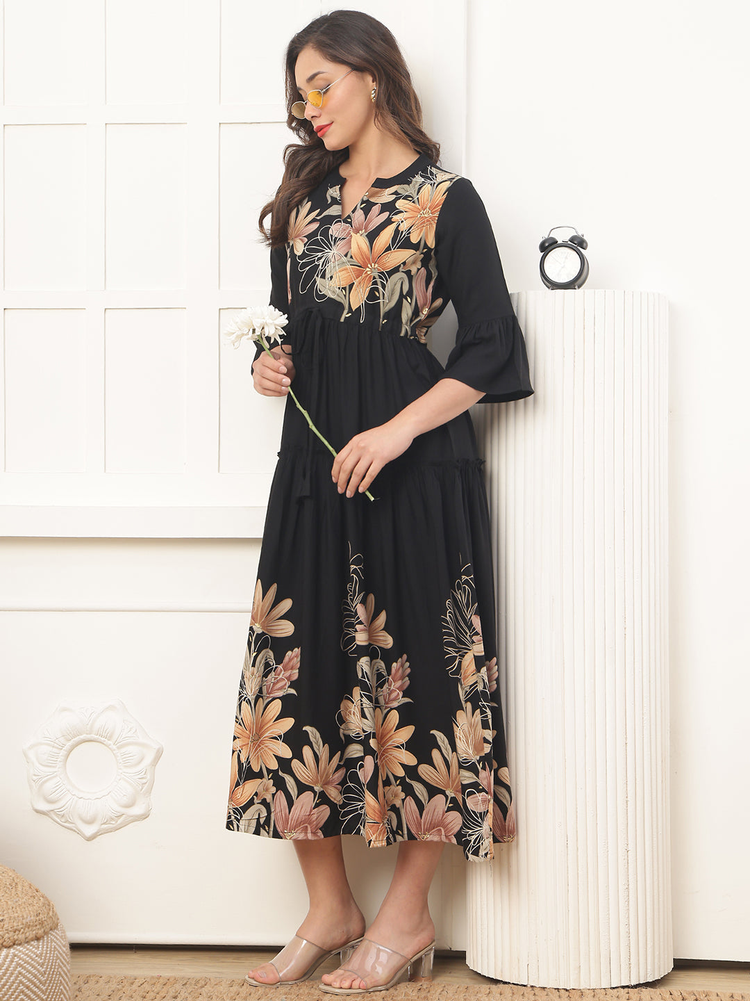 Black Viscose Rayon Floral Printed Dress for Women | Claura