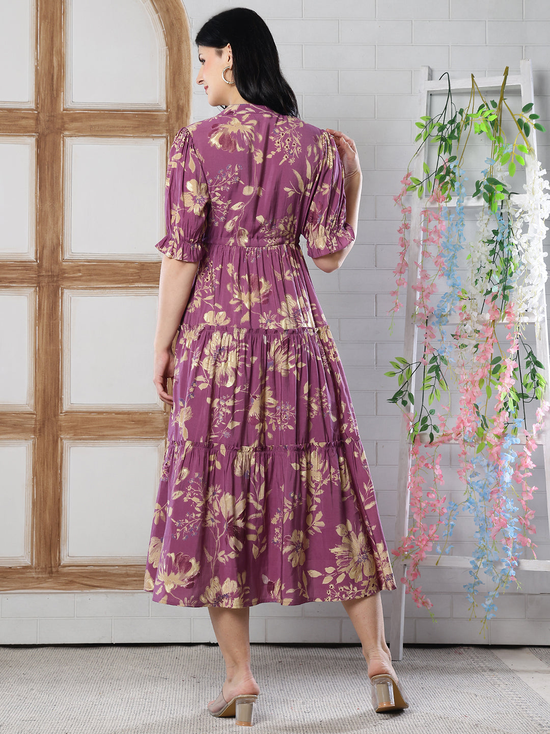 Mauve Floral Printed Chanderi Silk Dress for Women | Claura