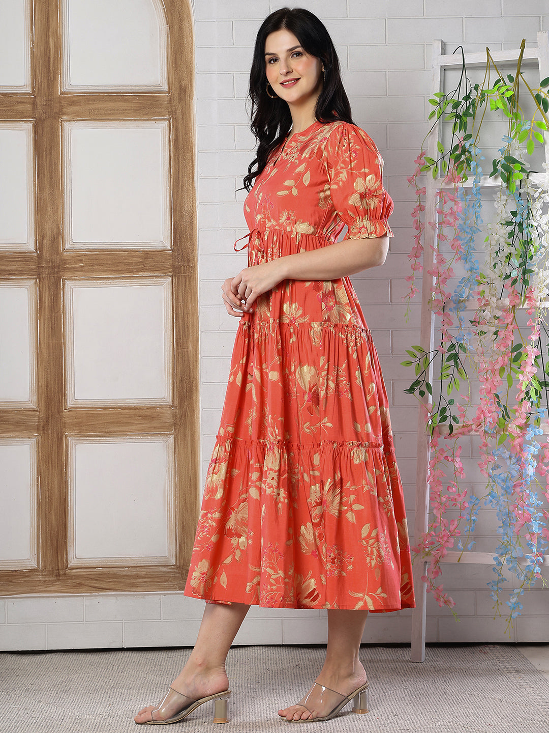 Orange Floral Printed Chanderi Silk Dress for Women | Claura