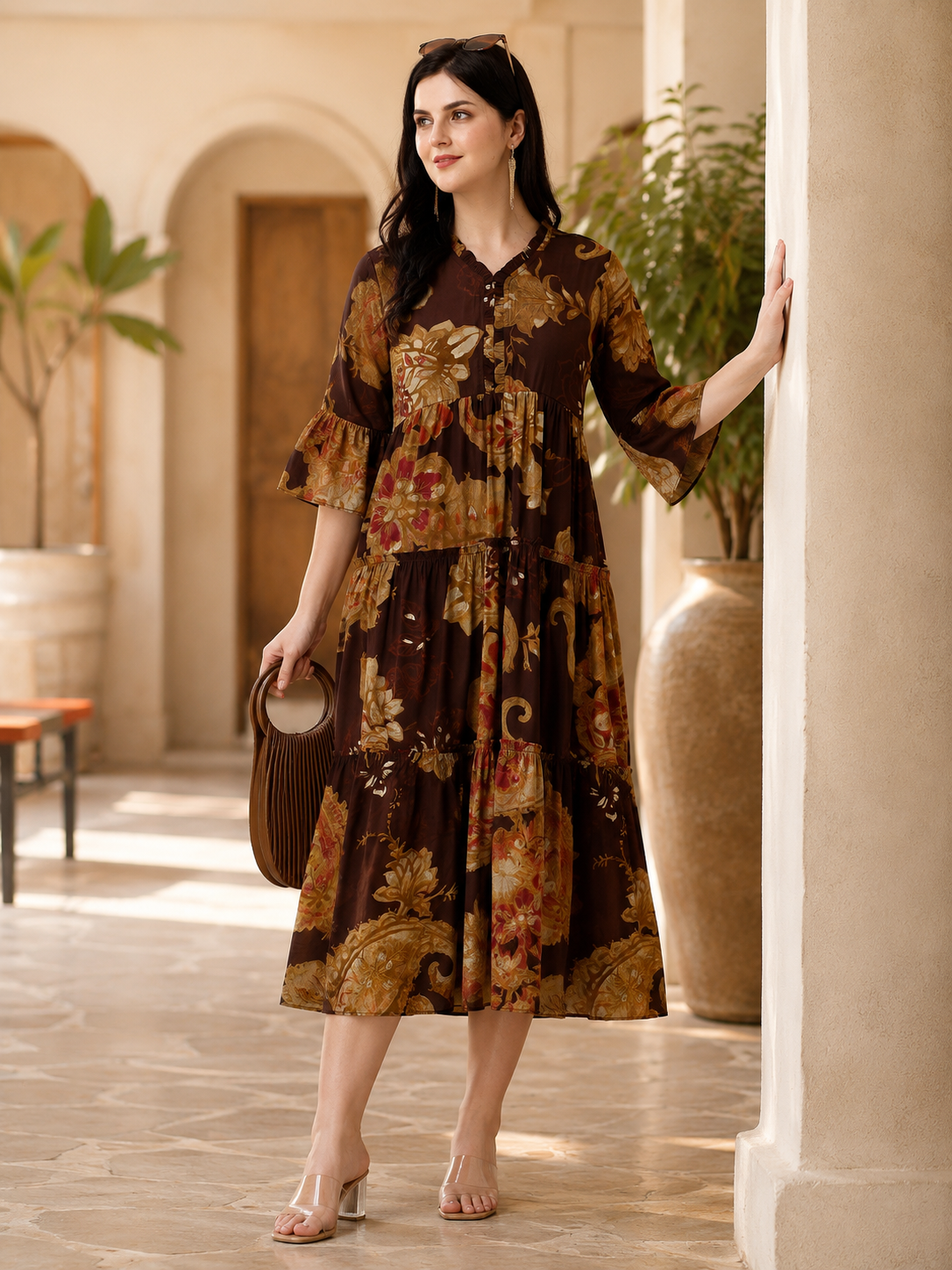 Brown Floral Printed Chanderi Silk Dress for Women | Claura