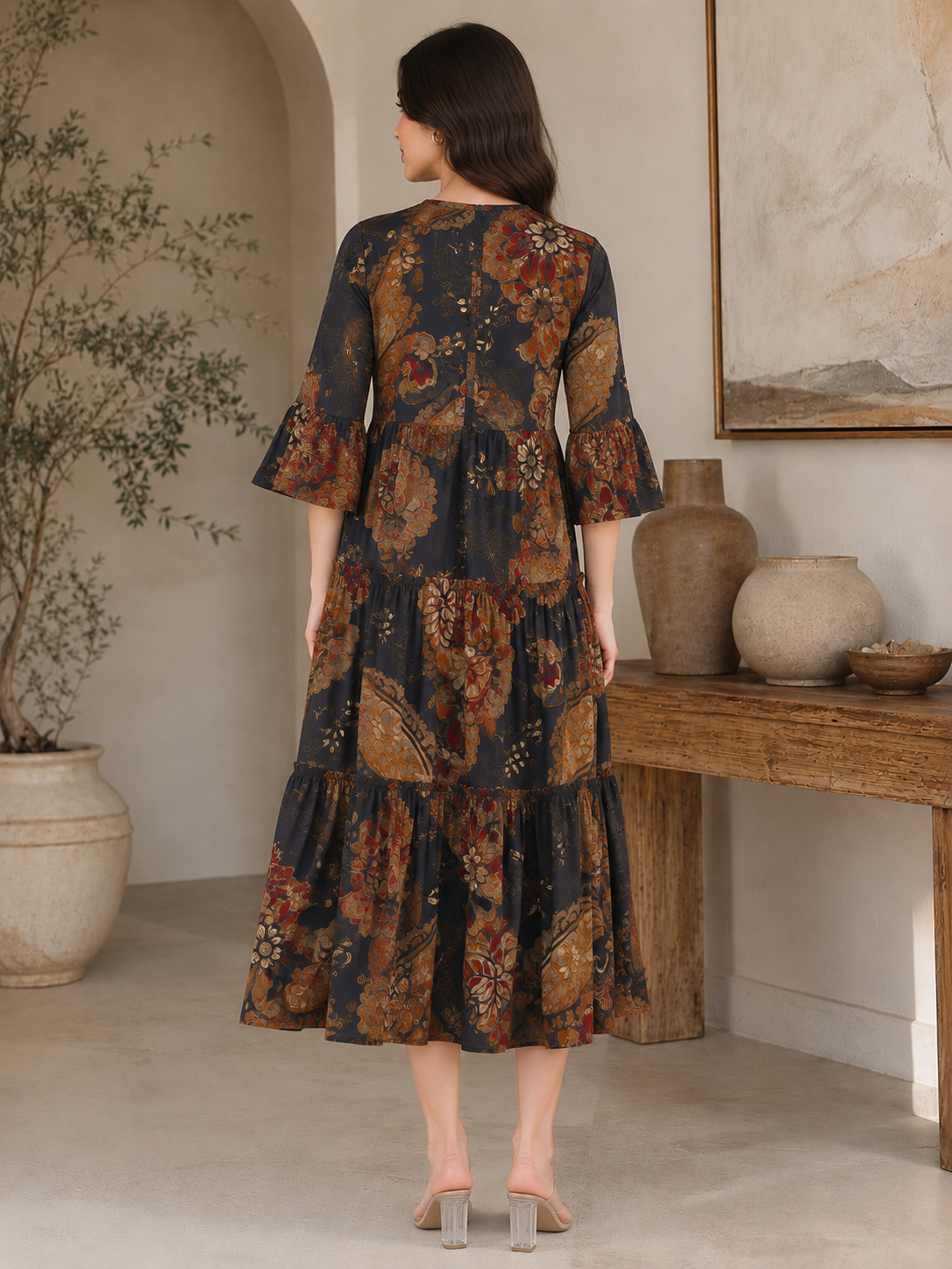 Grey Floral Printed Chanderi Silk Dress for Women | Claura