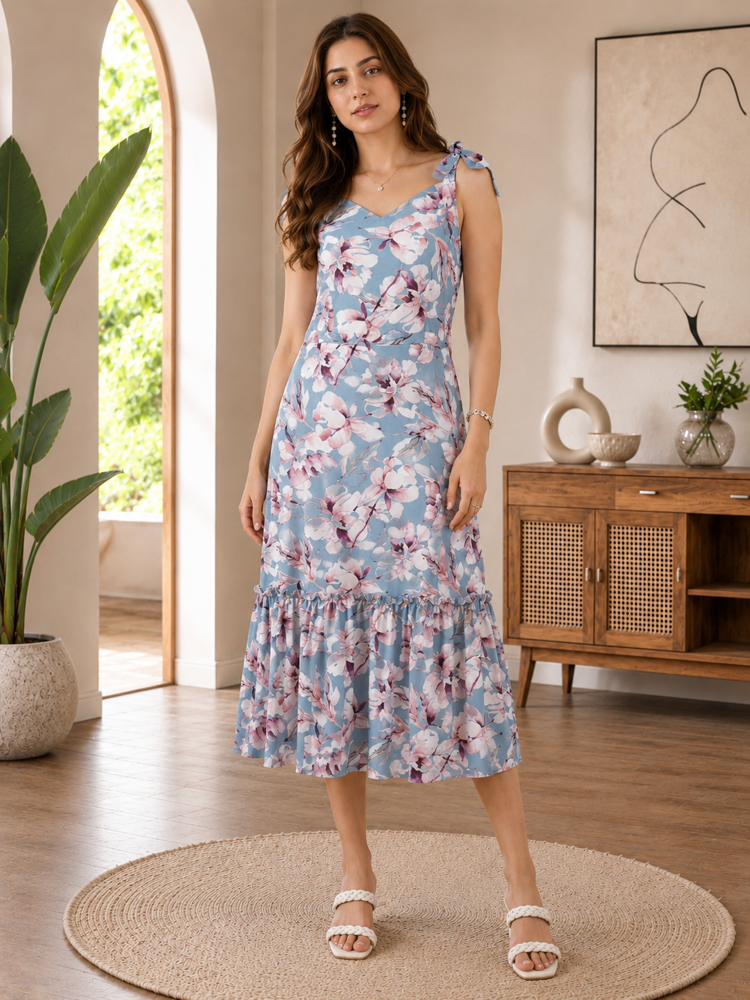 Blue Georgette Sleeveless Dress for Women | Claura
