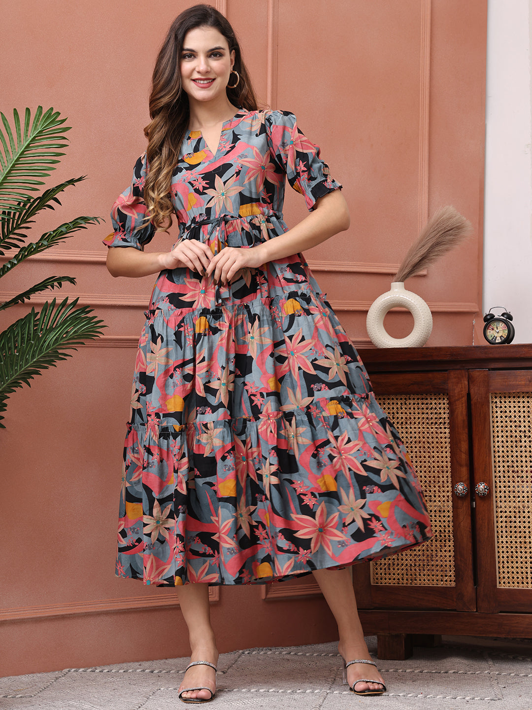 Black Color Floral Printed Premium Chanderi Dress For Women