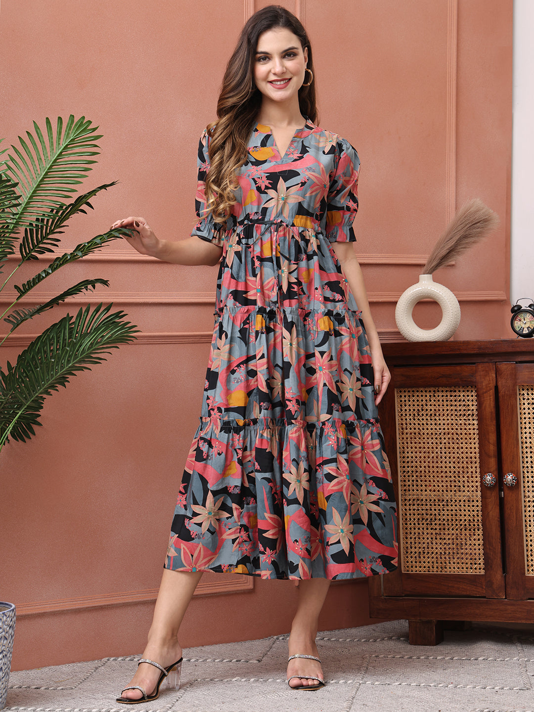 Black Color Floral Printed Premium Chanderi Dress For Women
