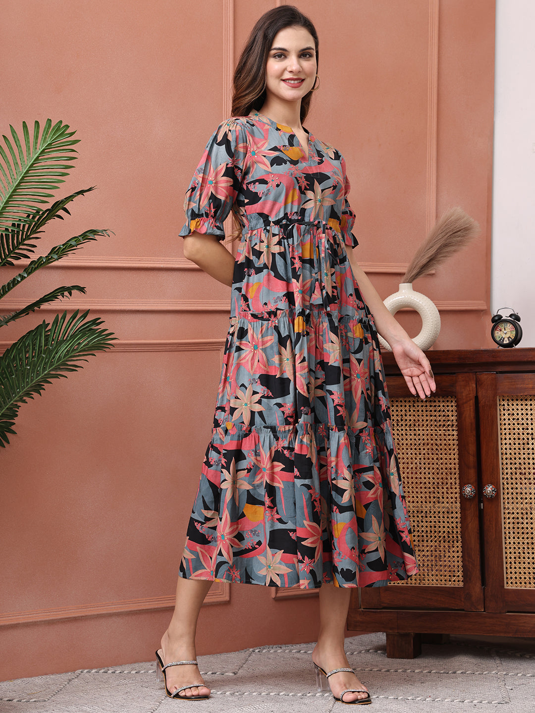 Black Color Floral Printed Premium Chanderi Dress For Women