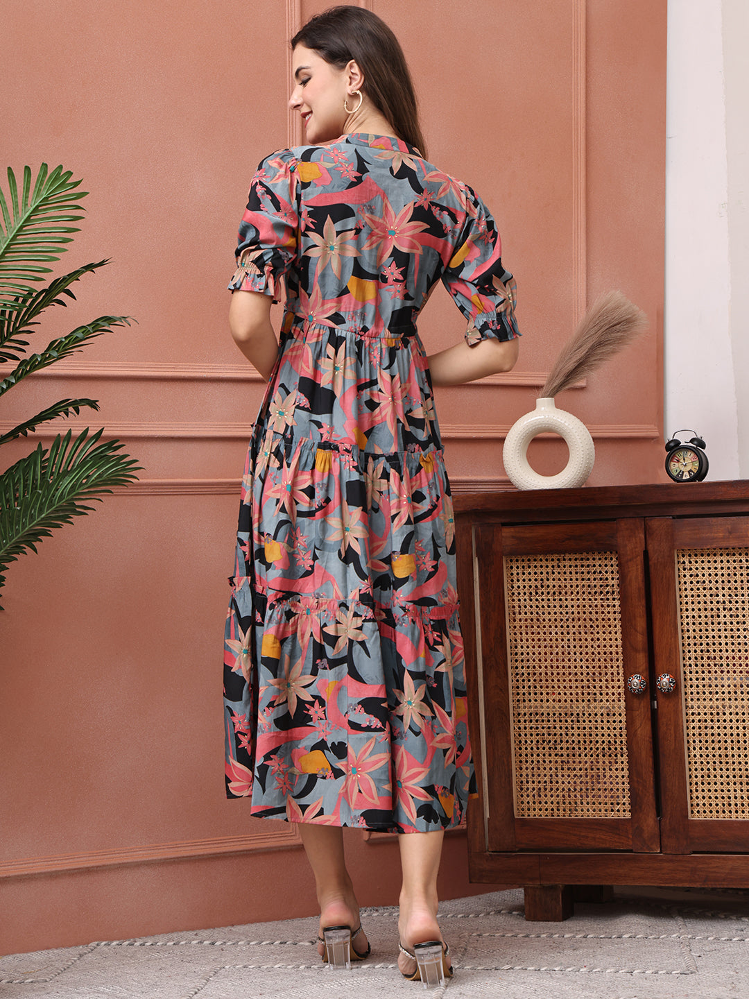 Black Color Floral Printed Premium Chanderi Dress For Women