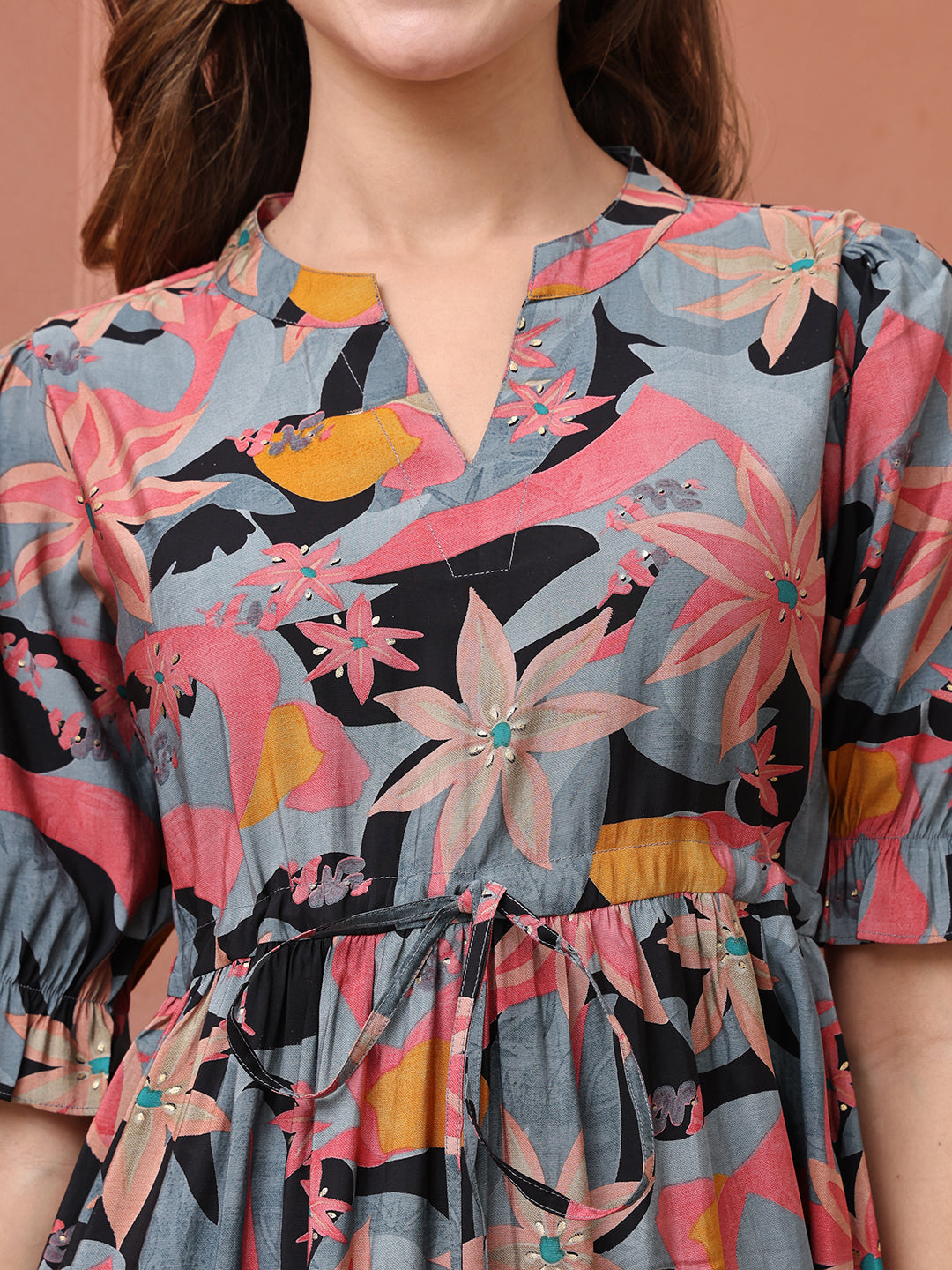 Black Color Floral Printed Premium Chanderi Dress For Women