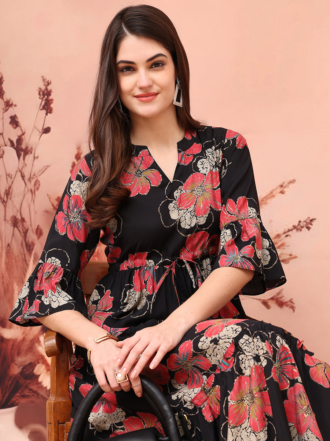 Close-up of Chanderi fabric on Black Dresses for Women