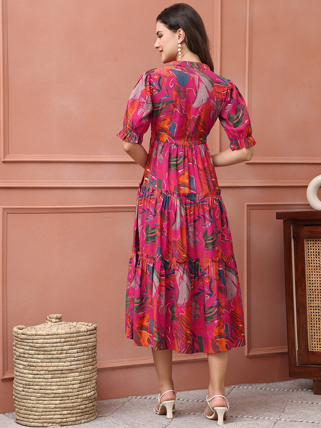 Pink Colour Floral Printed Premium Chanderi Ethnic Dress