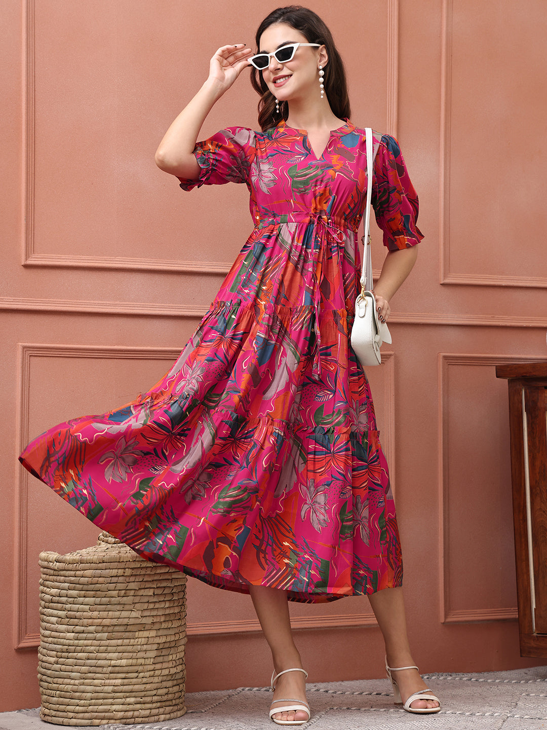 Pink Colour Floral Printed Premium Chanderi Ethnic Dress
