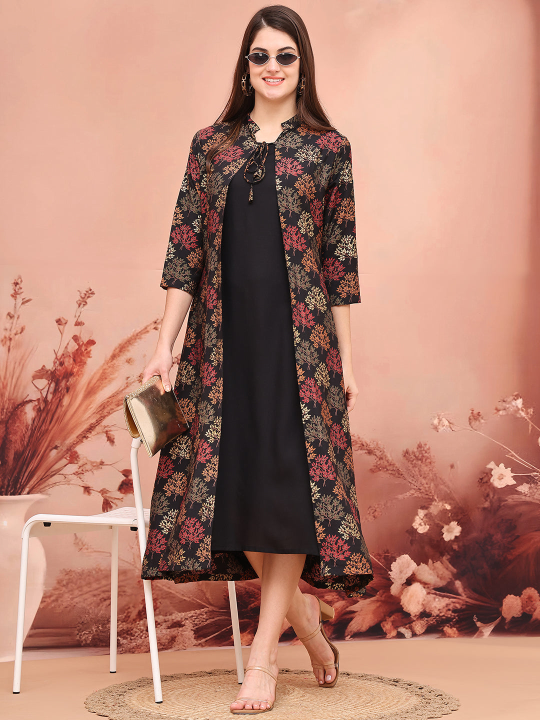 Black Colour Abstract Printed Viscose Rayon Dress For Women