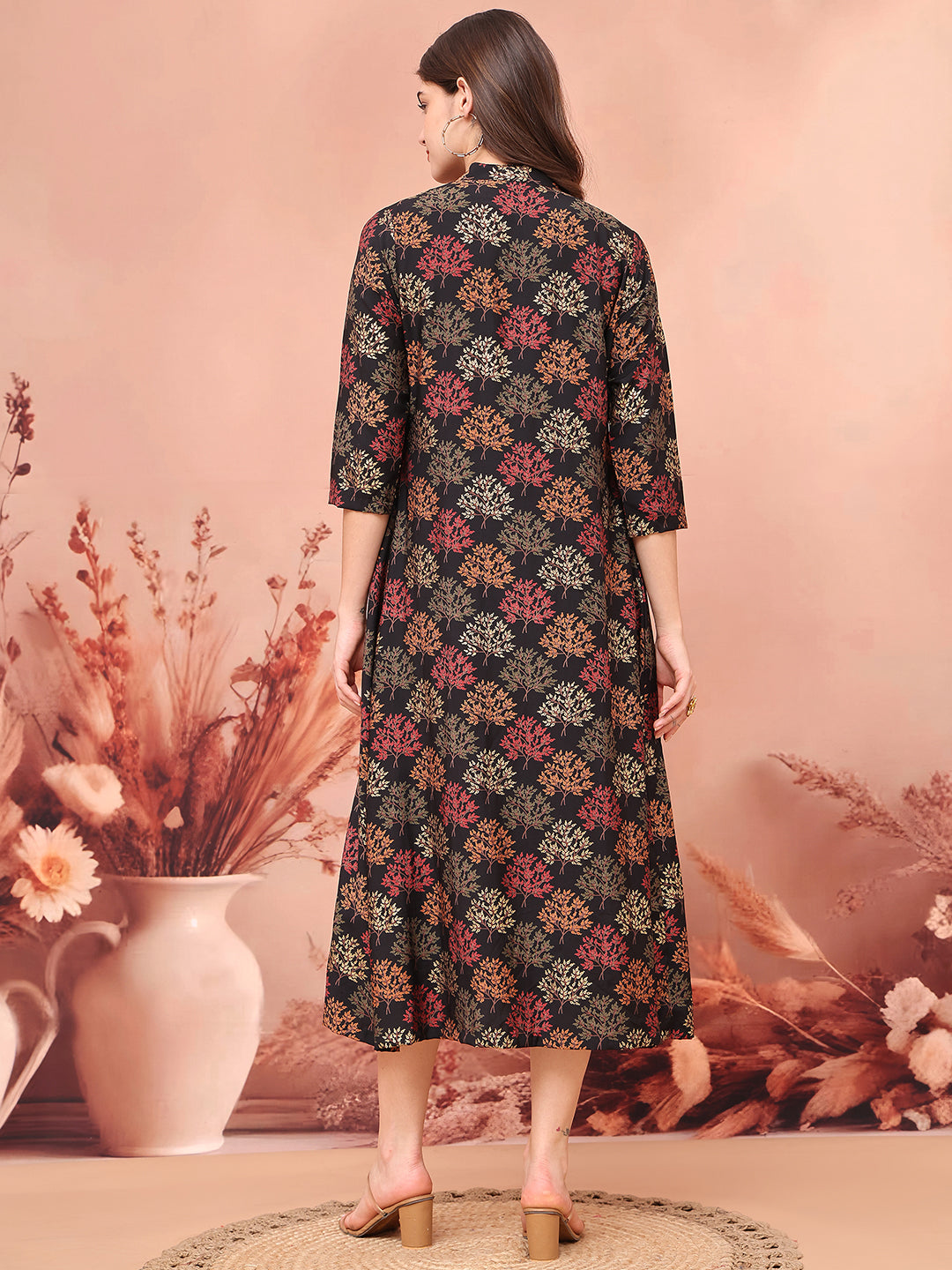 Black Colour Abstract Printed Viscose Rayon Dress For Women