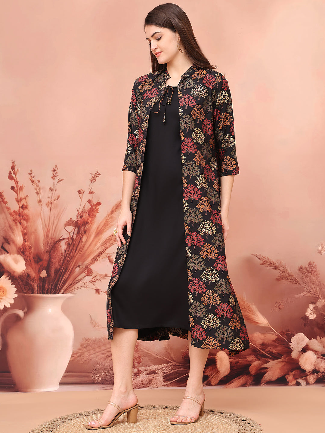 Black Colour Abstract Printed Viscose Rayon Dress For Women
