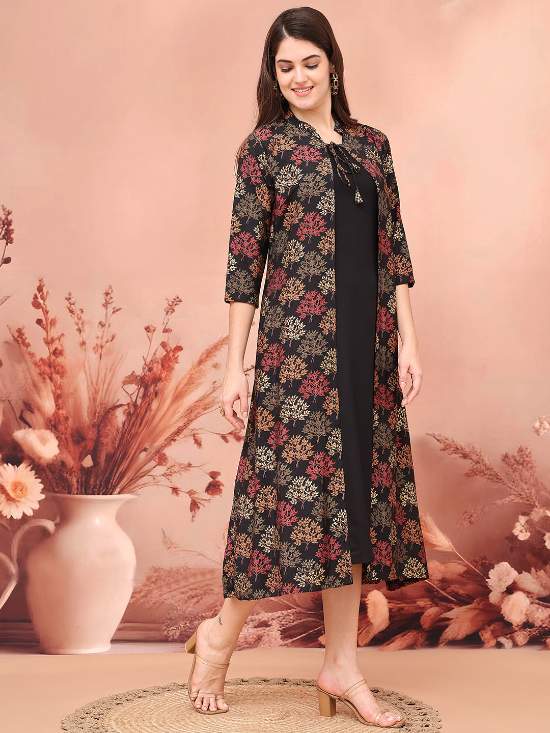 Black Colour Abstract Printed Viscose Rayon Dress For Women