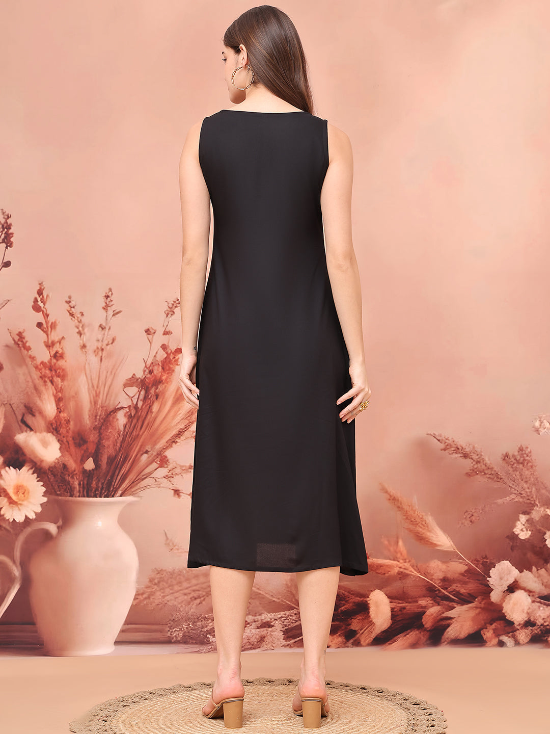 Black Colour Abstract Printed Viscose Rayon Dress For Women