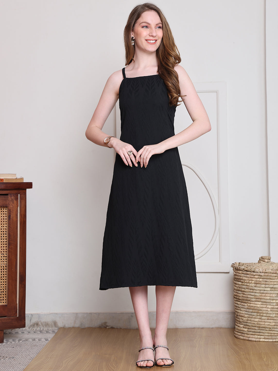 Black Color Solid Printed Polyester Dress with Jacket For Women