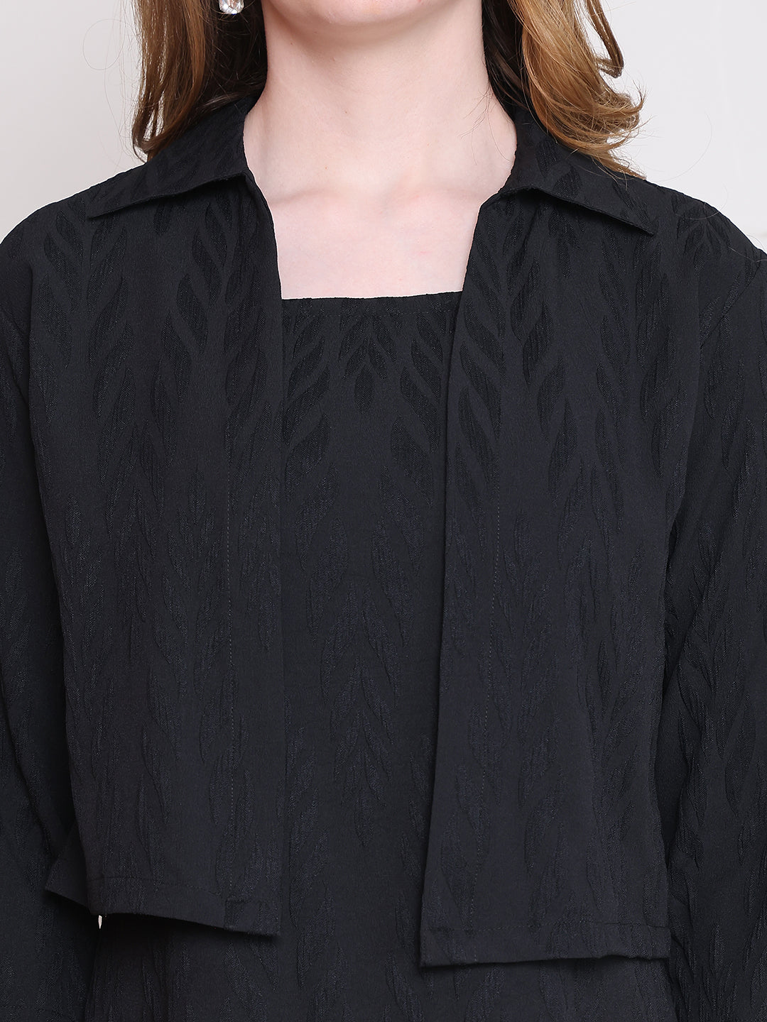 Black Color Solid Printed Polyester Dress with Jacket For Women