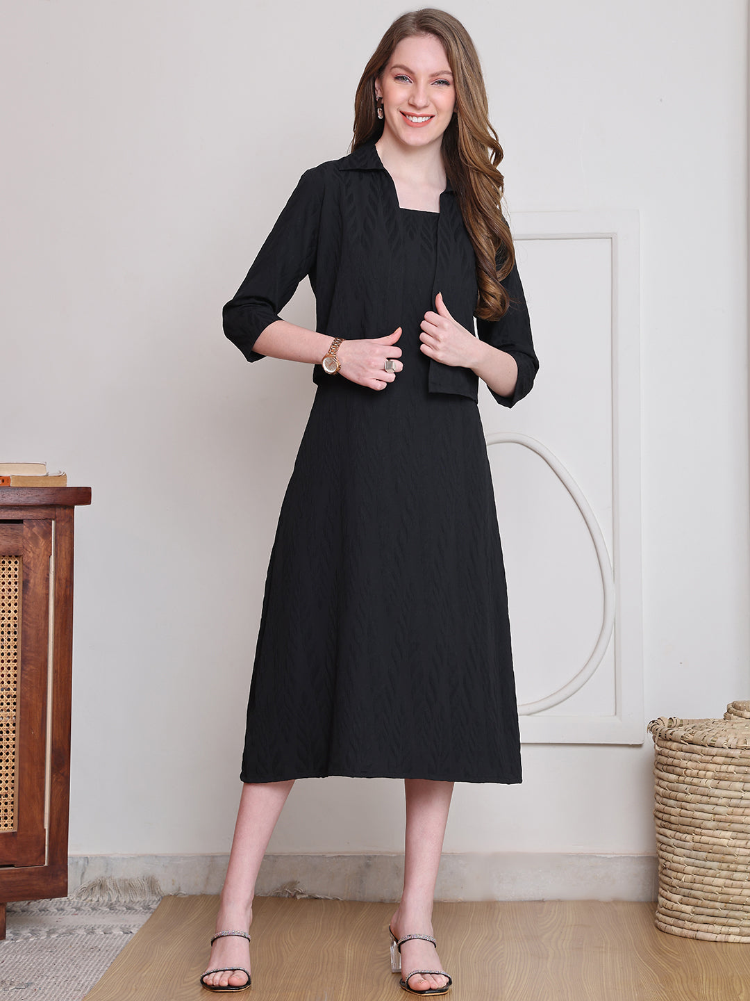 Black Color Solid Printed Polyester Dress with Jacket For Women