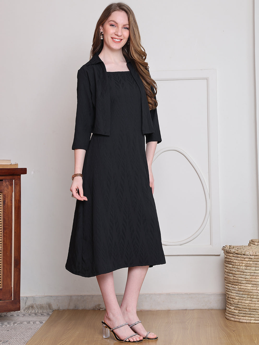Black Color Solid Printed Polyester Dress with Jacket For Women