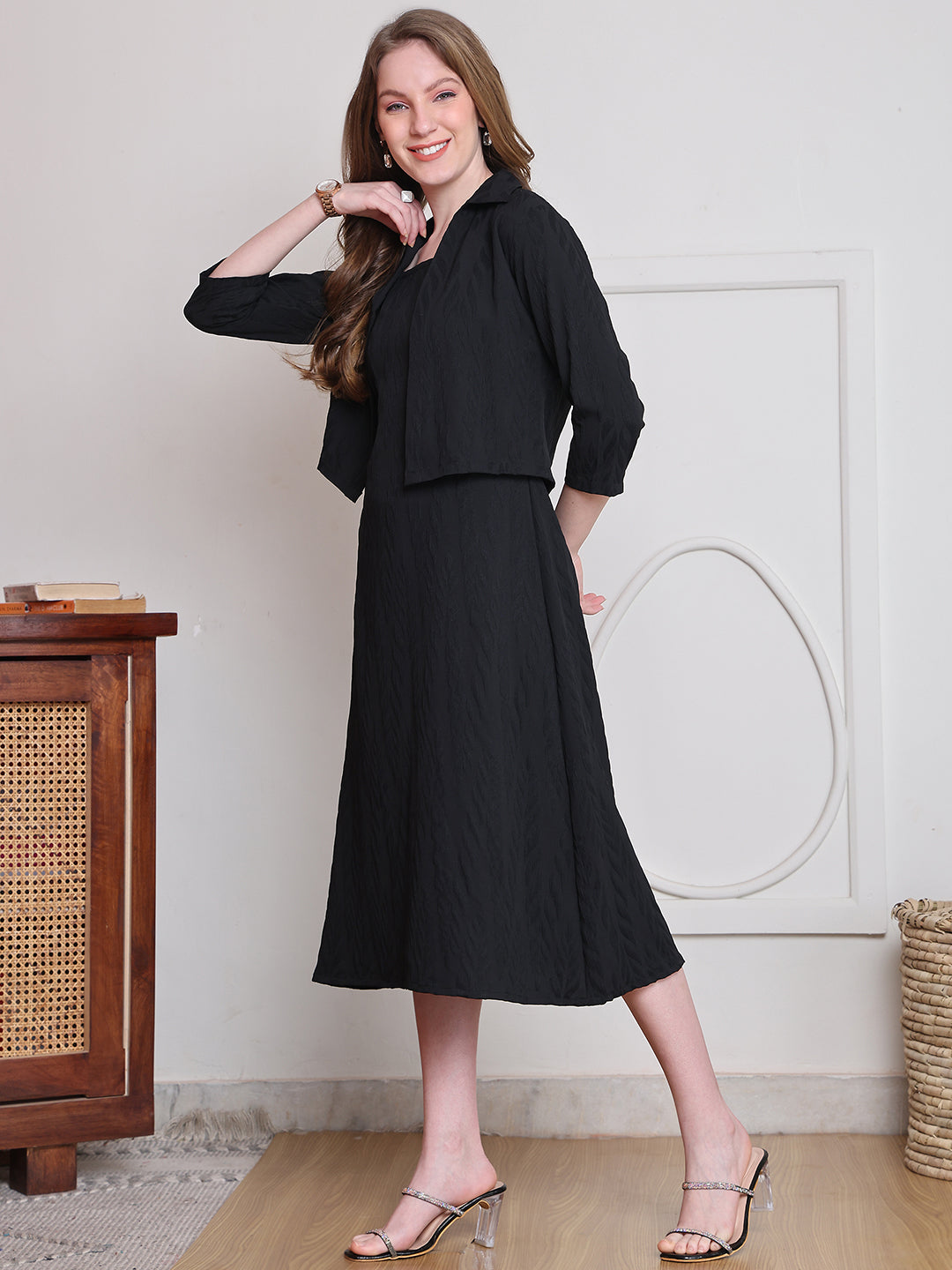 Black Color Solid Printed Polyester Dress with Jacket For Women