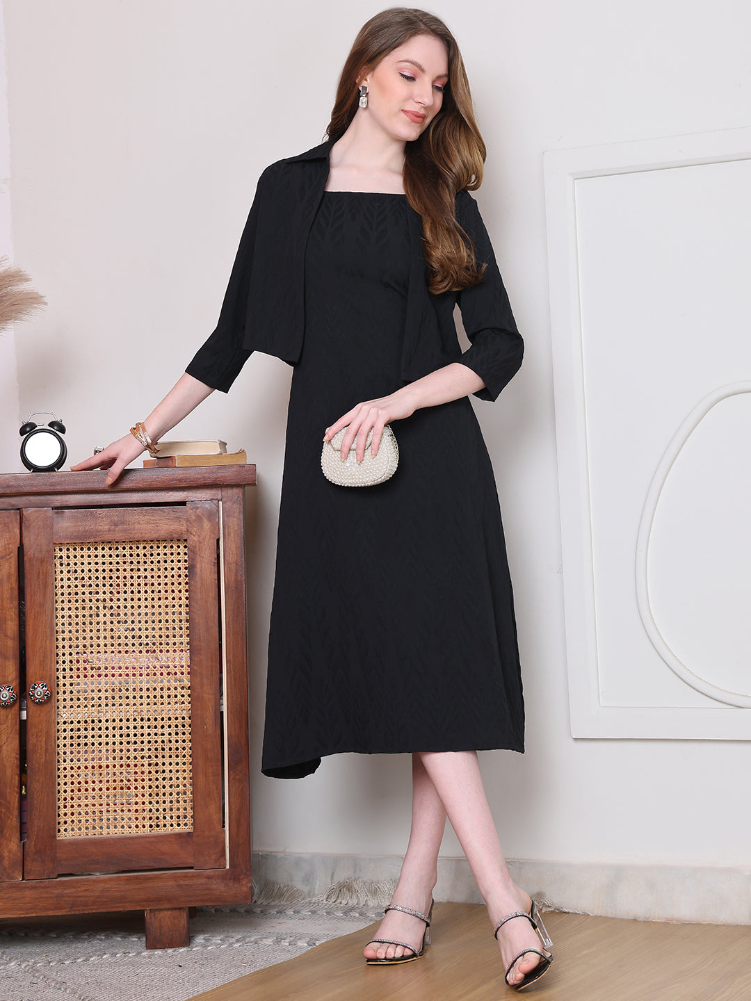 Black Color Solid Printed Polyester Dress with Jacket For Women