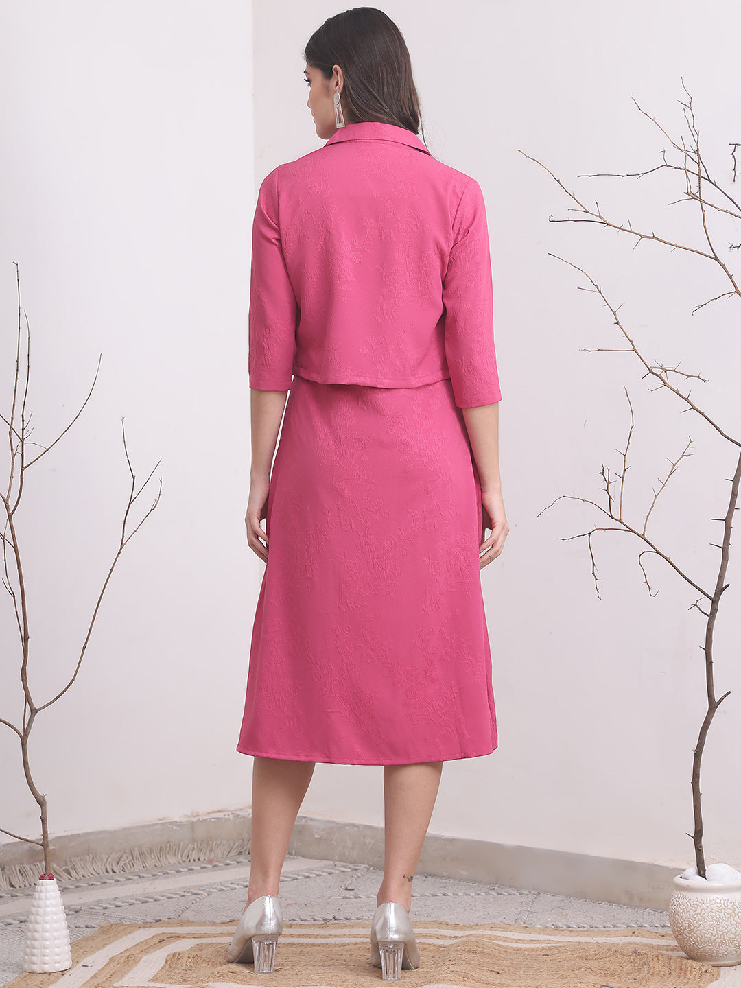 Pink Color Solid Printed Polyester Dress with Jacket For Women S-XXL