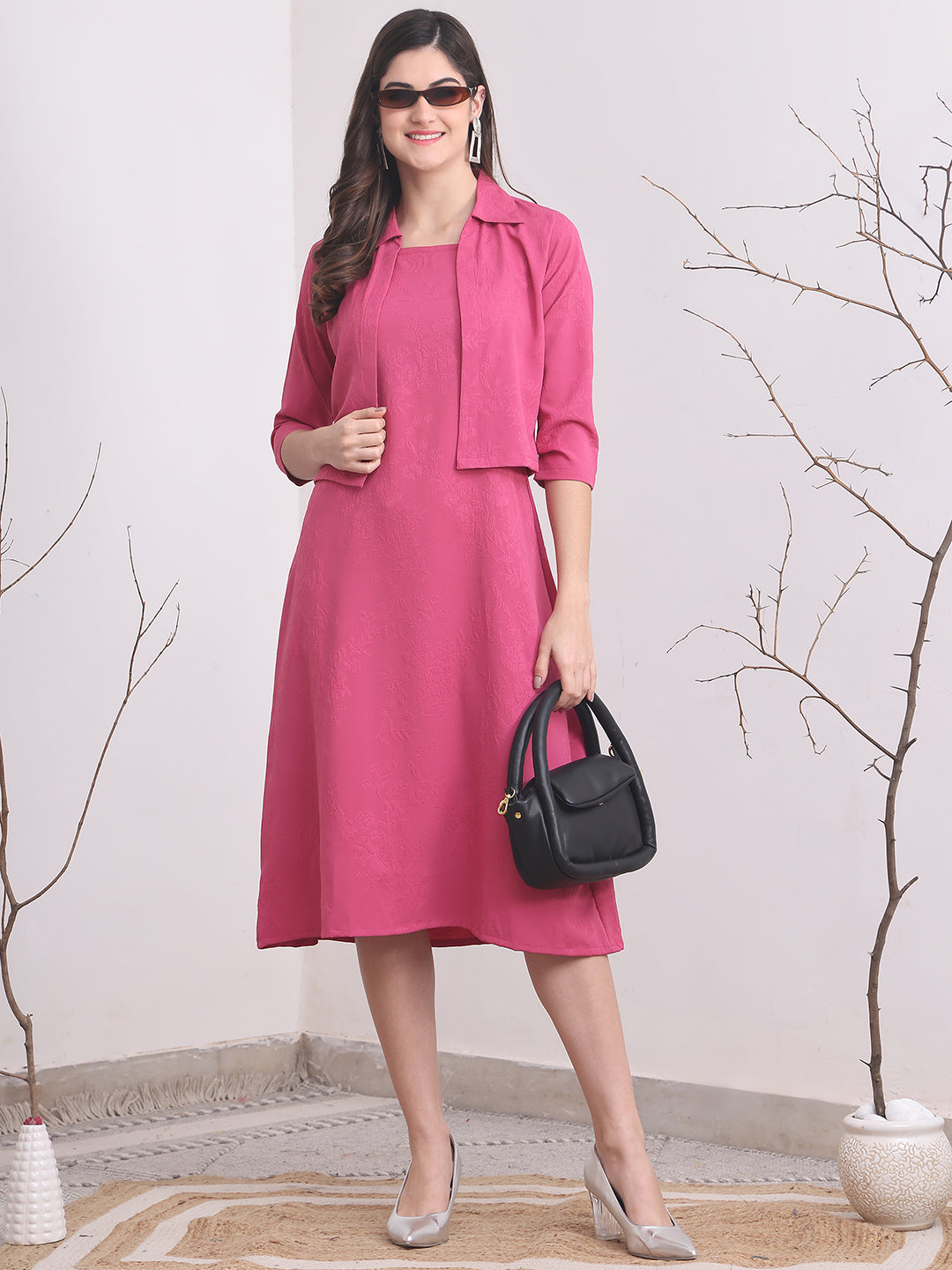 Pink Color Solid Printed Polyester Dress with Jacket For Women S-XXL