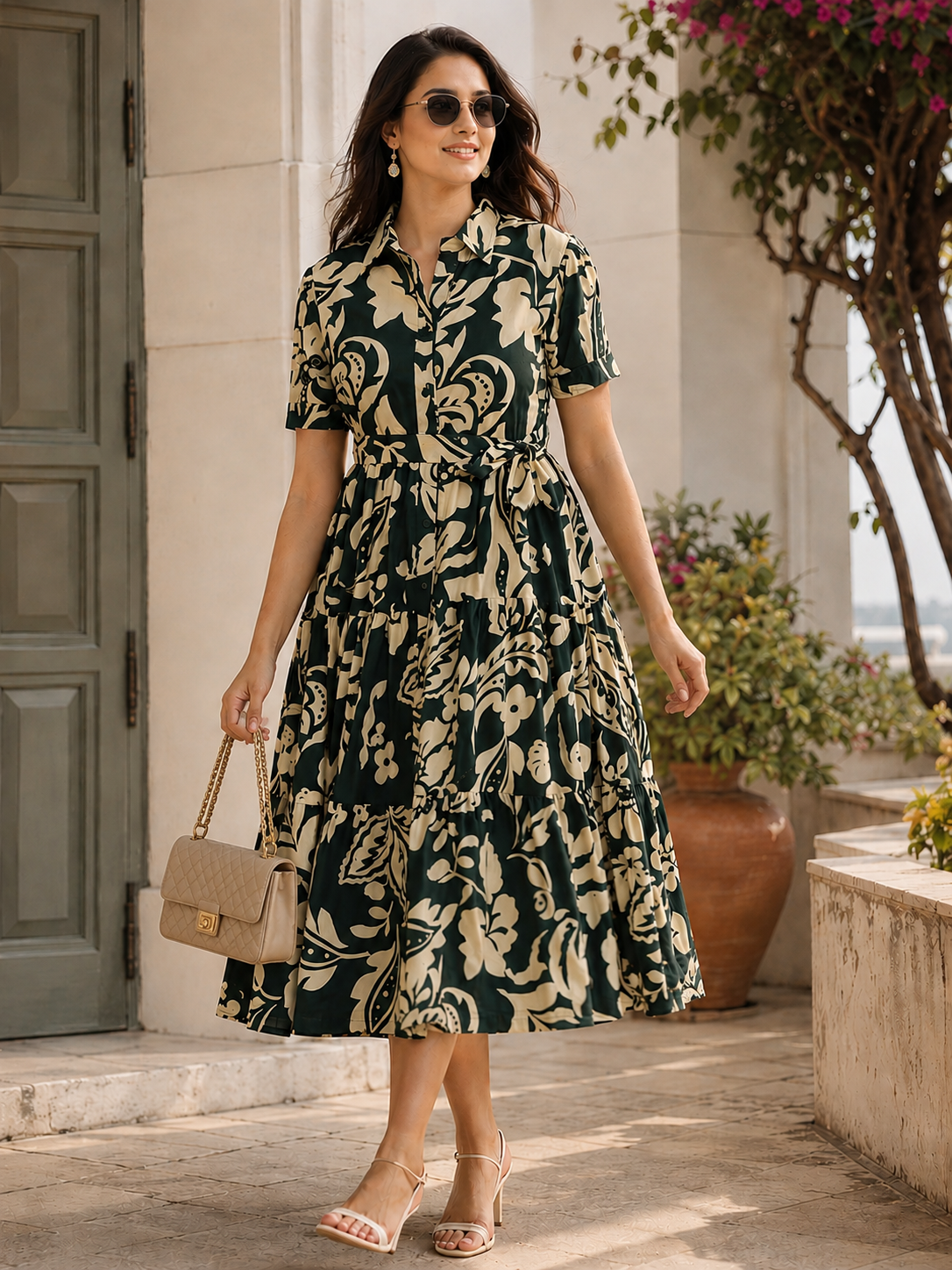 Green Cotton Floral Printed Dress | Claura