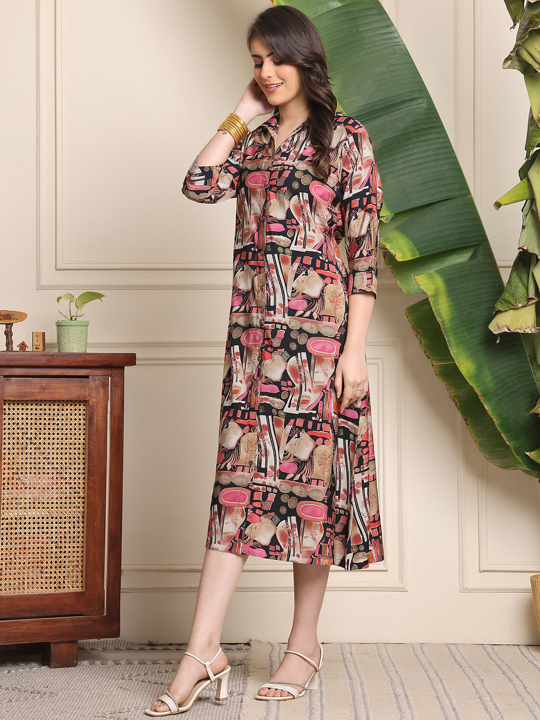 Multi Colour Abstract Printed Chanderi Premium Dress For Women