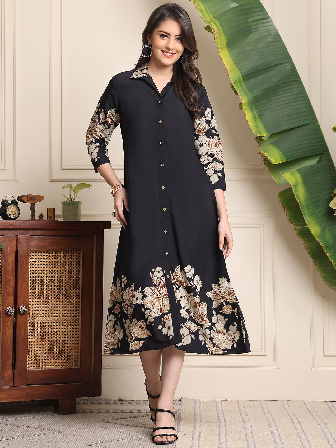 Black Colour Floral Printed Chanderi Premium Dress For Women