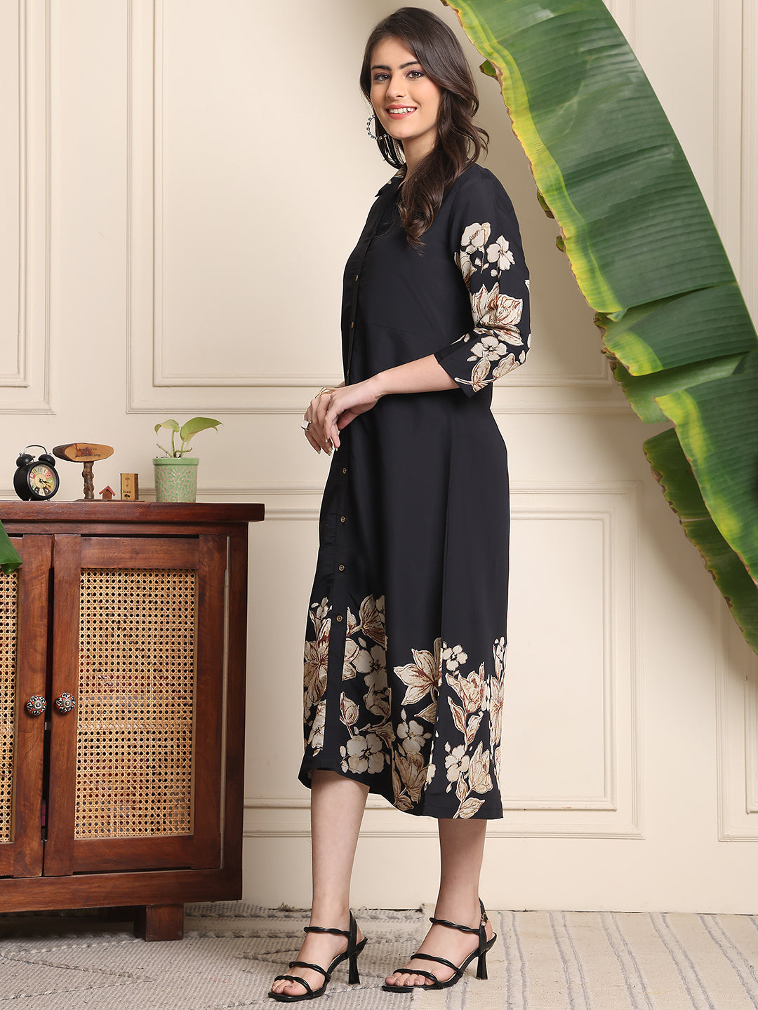 Black Colour Floral Printed Chanderi Premium Dress For Women