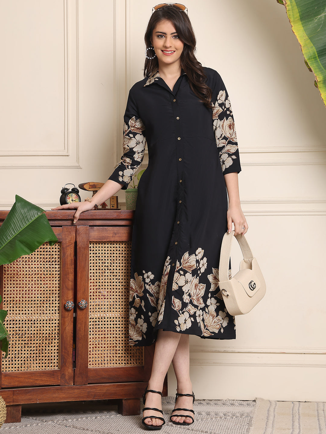 Black Colour Floral Printed Chanderi Premium Dress For Women