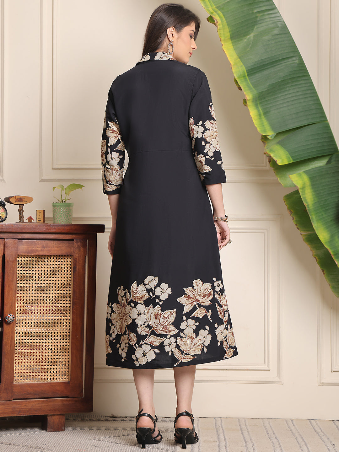 Black Colour Floral Printed Chanderi Premium Dress For Women